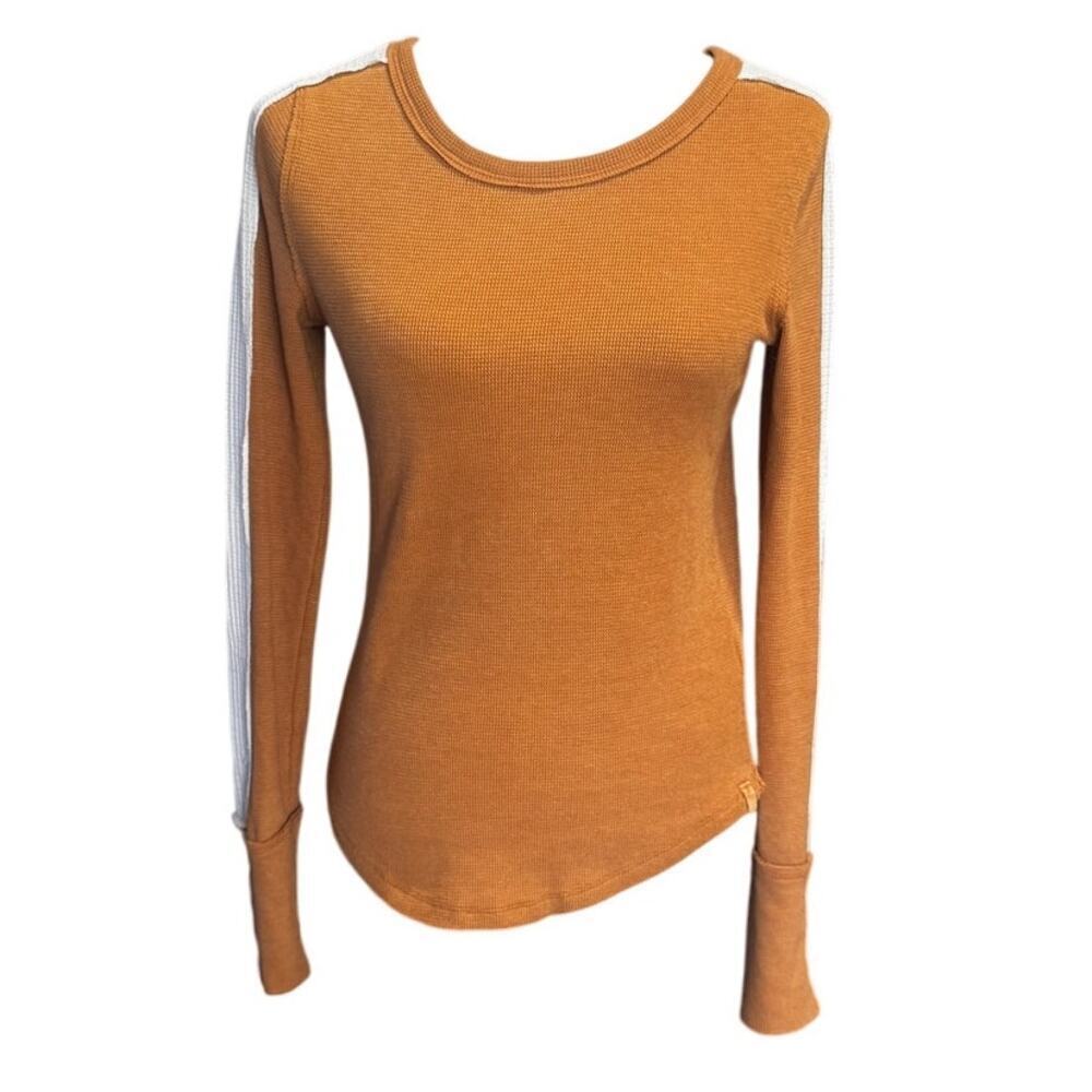 We The Free Colorblock Stripe Thermal Henley Tee Mustard Ochre and Ivory– XS
